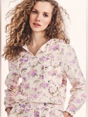 LoveShackFancy Cream Hoodie with Lavender Floral Print